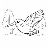 Coloriage bécasse réaliste simplifiée en vol dans les bois, arbres simples et ailes faciles