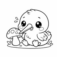 Coloriage jeune bécasse kawaii toute petite près d’un champignon stylisé, expression curieuse