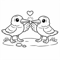 Coloriage deux bécasses cartoon qui se saluent avec une aile, petit cœur et cailloux