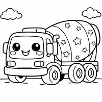 Coloriage camion bétonnière kawaii avec visage souriant et étoiles sur le tambour