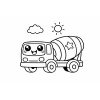 Coloriage camion bétonnière mignon avec grands yeux sur le pare-brise, sourire et décor soleil nuage