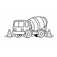 Coloriage camion bétonnière simple avec deux cônes de chantier et tambour rayé en contours