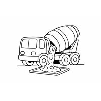 Coloriage camion bétonnière en action avec tambour incliné, goulotte large et versement simplifié