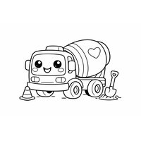 Coloriage petite bétonnière kawaii avec cône de chantier et pelle simplifiés