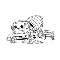 Coloriage camion bétonnière cartoon qui verse du béton avec cônes et panneau chantier
