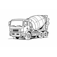 Coloriage camion bétonnière semi-réaliste en trois-quarts avant avec cabine et tambour visibles