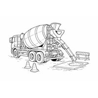 Coloriage camion bétonnière réaliste sur chantier avec goulotte déployée et éléments simples