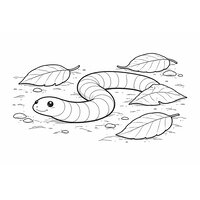 Coloriage cécilie réaliste simplifiée qui rampe sur un sol forestier, courbe en S et feuilles