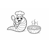 Coloriage cécilie cartoon chef cuistot avec toque, cuillère et soupe dans une noix de coco