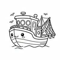 Coloriage chalutier chibi : bateau compact et facile à colorier | Toupty.com