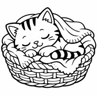 Coloriage chaton endormi dans un panier en osier à imprimer