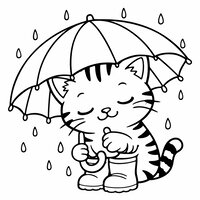 Coloriage chaton avec parapluie et bottes en caoutchouc à imprimer