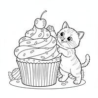 Coloriage chaton gourmand qui attrape une cerise sur un gros cupcake à imprimer