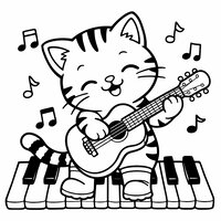 Coloriage chaton musicien sur un piano ou avec une guitare à imprimer
