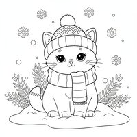 Coloriage chaton d’hiver avec écharpe rayée et bonnet à pompon à imprimer