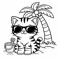 Coloriage chaton de plage avec lunettes de soleil, palmier, seau et pelle à imprimer