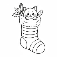 Coloriage chaton de Noël caché dans une chaussette de Noël à imprimer