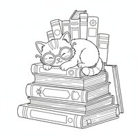 Coloriage chaton lecteur avec lunettes endormi sur une pile de livres à imprimer
