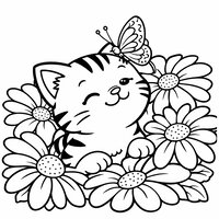 Coloriage chaton qui observe un papillon avec des marguerites à imprimer
