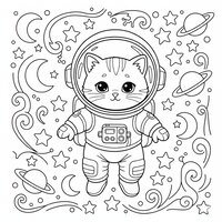 Coloriage chaton astronaute avec casque spatial et étoiles à imprimer