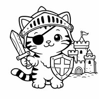 Coloriage chaton chevalier avec épée en bois, bouclier et château de sable à imprimer