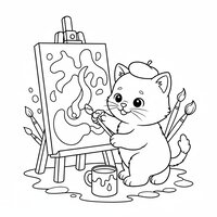 Coloriage chaton artiste avec pot de peinture et toile à imprimer