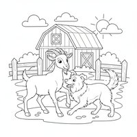 Coloriage chèvre qui joue dans la cour avec un gros chien de ferme type Border Collie