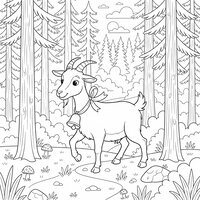 Coloriage chèvre avec une cloche autour du cou marchant sur un sentier de forêt avec sapins