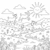Coloriage trois chevreaux qui sautent joyeusement par-dessus un petit ruisseau dans un pré