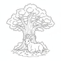 Coloriage chèvre assise à l’ombre d’un grand chêne avec des oiseaux sur les branches