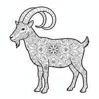 Coloriage chèvre de profil avec grandes cornes courbées et motif mandala simple dans le corps