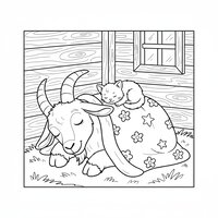 Coloriage chèvre qui dort sous une couverture dans la bergerie avec un petit chat endormi sur son dos