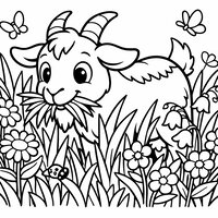Coloriage chèvre gourmande qui broute de l’herbe haute et des fleurs