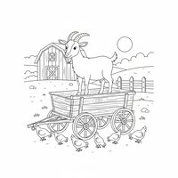 Coloriage chèvre à la ferme debout sur une charrette en bois avec des poules