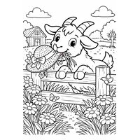 Coloriage chèvre rigolote qui essaie de manger un chapeau de paille sur une barrière