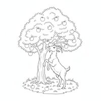 Coloriage chèvre debout sur ses pattes arrière pour attraper une pomme dans un arbre