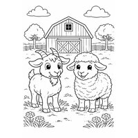 Coloriage chèvre et mouton côte à côte devant une grande grange traditionnelle