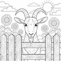 Coloriage chèvre curieuse qui regarde à travers une barrière avec des tournesols géants