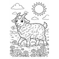 Coloriage chèvre angora aux longs poils bouclés dans une prairie fleurie avec grand soleil