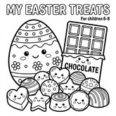 Coloriage chocolats de Pâques plus détaillé : composition œuf, tablette et pralinés, pour enfants 6-8 ans (Toupty.com)