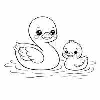 Coloriage cygne kawaii sur l’eau avec un petit caneton cartoon, vaguelettes autour