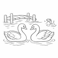 Coloriage deux cygnes semi réalistes près d’un ponton, poisson qui saute en contour