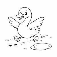 Coloriage cygne cartoon qui patine sur la berge, traces au sol et petite flaque