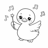 Coloriage cygne kawaii chef d’orchestre, baguette et notes de musique autour