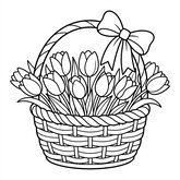 Coloriage décoration Pâques plus réaliste : bouquet de tulipes avec ruban, lignes propres, dessin à colorier (Toupty.com)