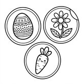 Coloriage décoration Pâques style dessin d’enfant : stickers déco en formes rondes (œuf, fleur, carotte), facile enfant (Toupty.com)