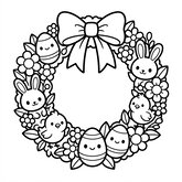 Coloriage décoration de Pâques kawaii : couronne avec nœud et fleurs simples, dessin facile à colorier (Toupty.com)
