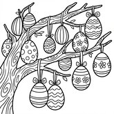 Coloriage décoration Pâques : arbre de Pâques avec branche et œufs suspendus, dessin facile enfant (Toupty.com)