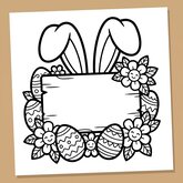 Coloriage décoration Pâques kawaii : panneau décoratif sans texte avec oreilles de lapin, œufs et fleurs, facile enfant (Toupty.com)