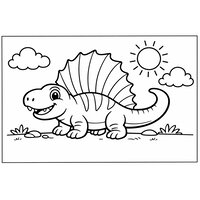 Coloriage dimetrodon cartoon de profil avec grande voile dorsale, soleil et nuages (dessin pour enfant)